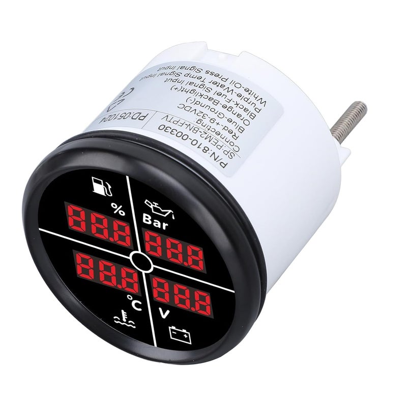 Srliya 52mm 4 in 1 Multifunctional Gauge Digital Display Fuel Level Oil Pressure Water Temperature Meter Voltmeter with Backlight for Boat RV (81000330 Black Bezel Black Dial) - Image 4